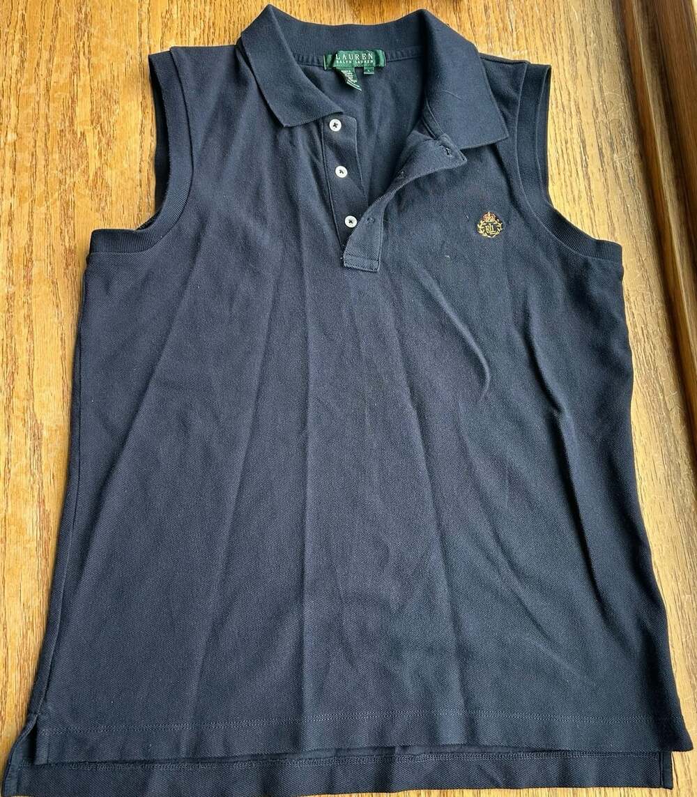 Vintage Ralph Lauren Sleeveless Pique Polo Sz L Golf Tennis Navy Blue Athletic